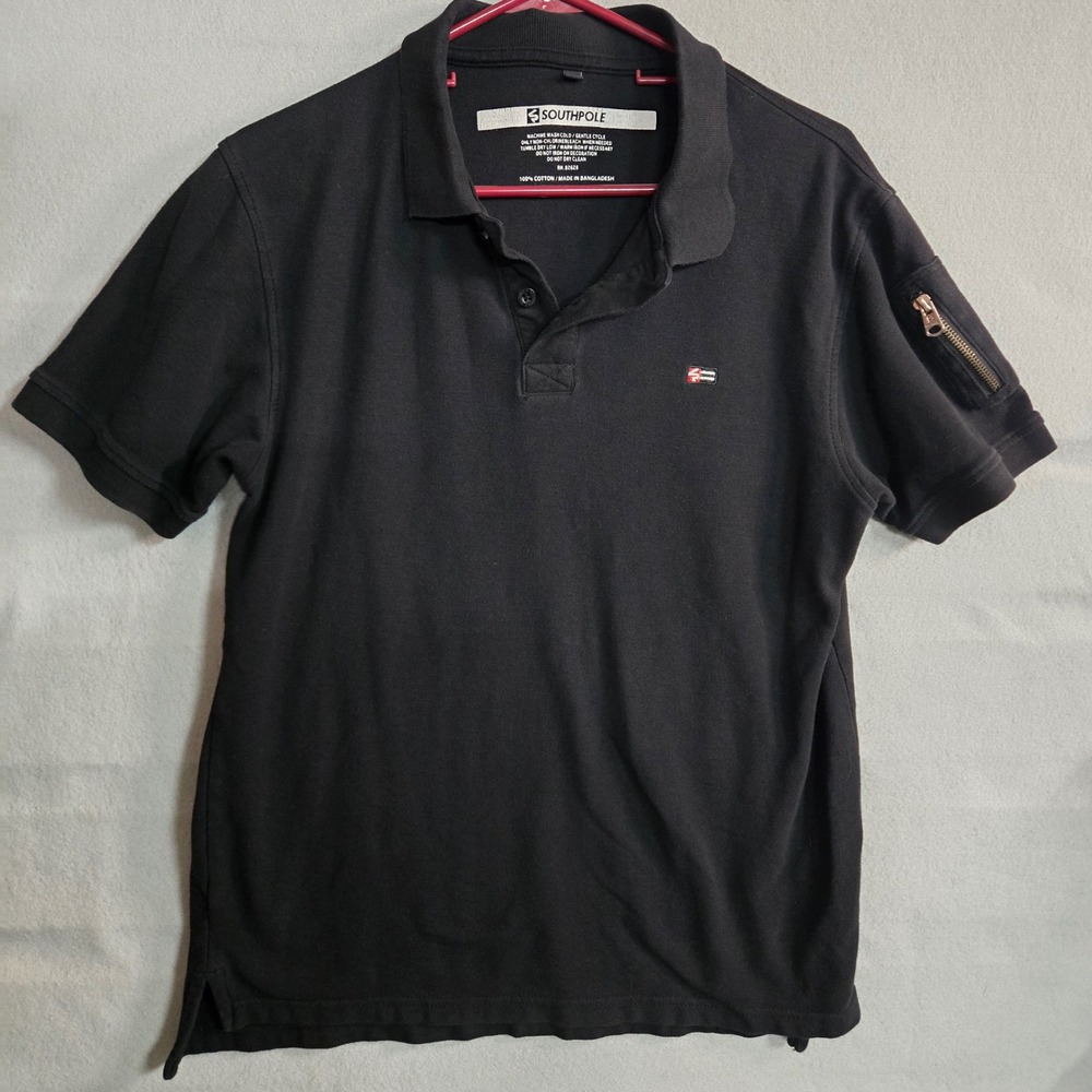 Southpole Polo Shirt Large Black Zip Sleeve‎ Short Sleeve Cotton Streetwear